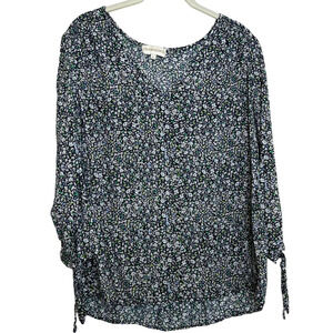 Cynthia Rowley Womens Blouse Large Blue Green Ditzy Floral 3/4 Sleeves Tie Cuffs